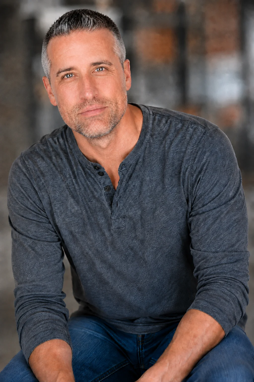 Chris Irving in a dark gray henley, seated and looking at the camera